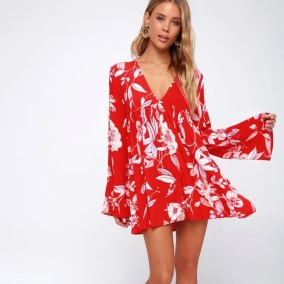 Free People ♥️ Bella Floral Print V-Neck Tunic Dress Red Boho Size Small - Picture 2 of 9